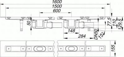 DALLMER douchegoot CeraLine F 1500mm, DN 50 Totale hoogte 110mm, 524034