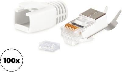 RJ45 krimp connectoren (STP) voor CAT6/6a/7/7a netwerkkabel (vast/flexibel) - 100 stuks (3-delig) / wit