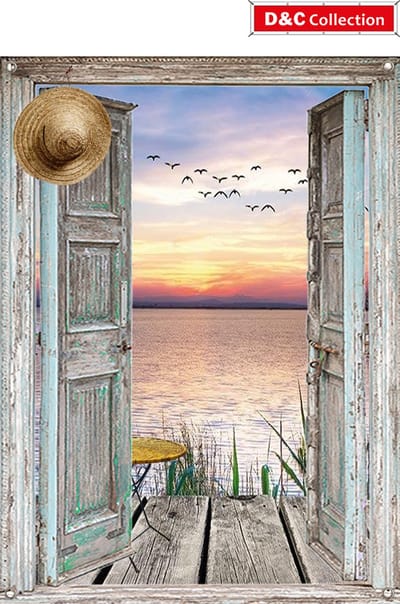 Tuindoek doorkijk zeezicht - tuinposter - 65x90 cm - doorkijk - deuren - zonsondergang - hoed - tafel - tuin decoratie - tuinposters buiten - schuttingposter - tuinschilderij