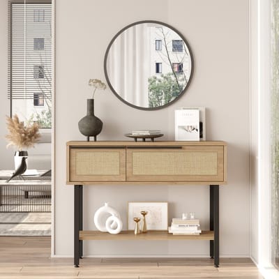 Console tafel Kvænangen 100x29,5x76 cm eikenkleurig rotan look en zwart [en.casa]