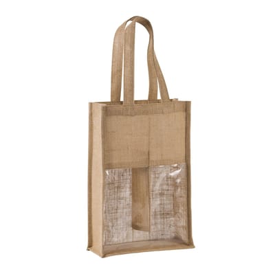 Cadeautas verpakking - 10x stuks - voor 2 flessen wijn / champagne - jute met transparant venster - 24 x 10 x 36 cm
