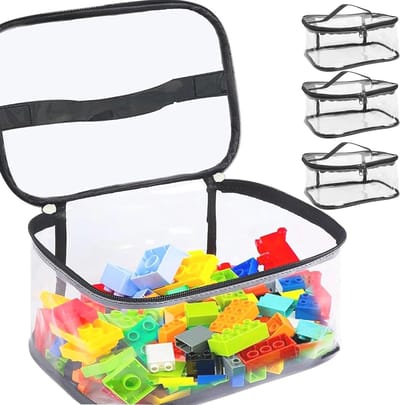 Set van 4 Doorzichtige Waterdichte Opbergzakken met Handvat voor Bouwstenen, Puzzels en Kleine Modellen, 24x17.5x13cm, Ideaal voor Organisatie en Opslag
