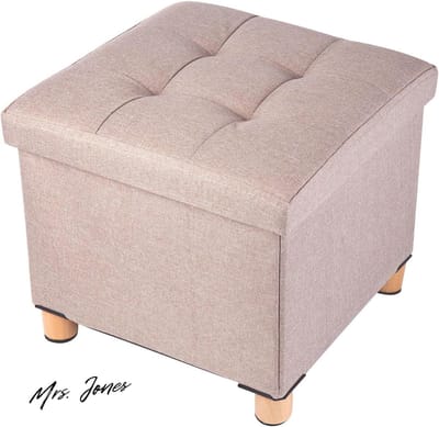 Mrs. Jones Opvouwbare opbergpoef met houten poten linnen voetenbank opbergkist met zeer elastische sponsvulling kaki 38 x 38 x 38 cm - opbergpoef - voetenbank .