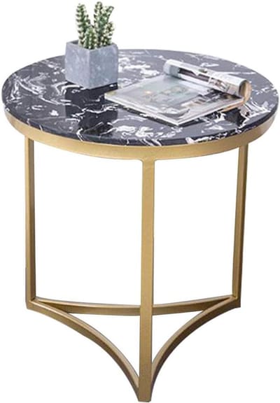 Banktafel bijzettafel - Koffietafel marmerlook - Woonkamer decoreren - Stabiel metalen frame - 55 x 56 cm - Geel