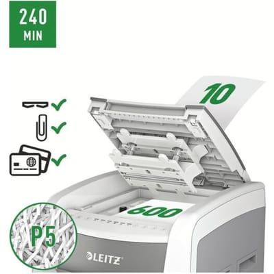 Leitz IQ Autofeed Office Pro 600 papiervernietiger P5, volautomatisch, micro cut 2 x 15 mm, 110 l, snijcapaciteit 600 vel, met rollen, wit
