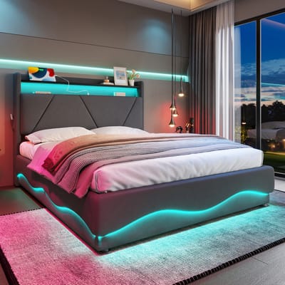 MODENUIT Gestoffeerd bed 160x200 cm – Hoofdbord met led en open opbergvakken – Gasveerlattenbodem – Zonder matras – Donkergrijs