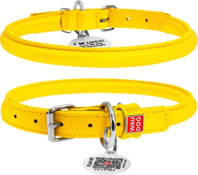 WAUDOG Glamour Rolled Halsband - Rond leder - Gratis QR-tag - Geel - S - Diameter: 10 mm - Nekomtrek: 33 - 41 cm (GELIEVE VOORAF BESTELLEN OPMETEN)