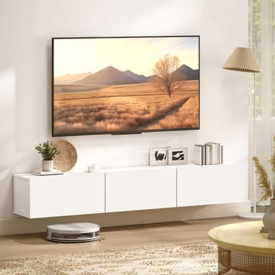 Wishdor - Zwevend Tv-Meubel - Wandmontage - 3 Klepkasten - Modern - Voor Woonkamer - Spaanplaat - Wit - 180 Cm