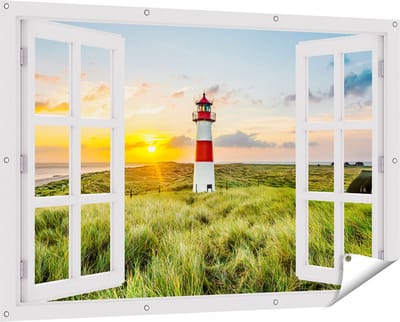 Gards Tuinposter Doorkijk Vuurtoren met Zonsopgang op een Eiland - 150x100 cm - Tuindoek - Tuindecoratie - Wanddecoratie buiten - Tuinschilderij