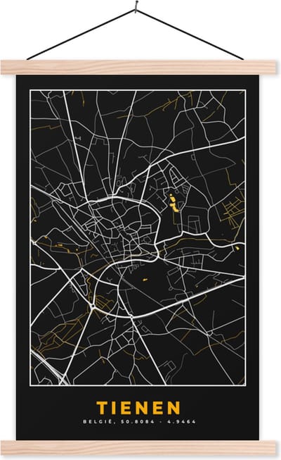 Posterhanger incl. Poster 40x60 cm - Schoolplaat - Plattegrond - Goud - Stadskaart - Tienen - Kaart - Textielposter - Blanke latten - Stadskaart