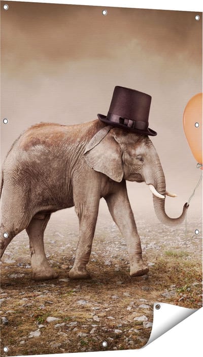 Gards Tuinposter Olifant met een Oranje Ballon - Hoedje - 80x120 cm - Tuindoek - Tuindecoratie - Wanddecoratie buiten - Tuinschilderij