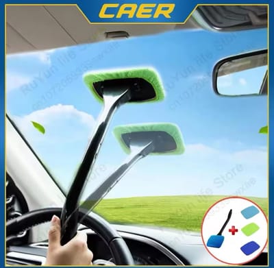 Autoruitreiniger Borstelset Microfiber Voorruit Reinigingstool Auto Interieur Glazen Ruitenwisser Lange Handgreep Herbruikbare Stoffen Pad