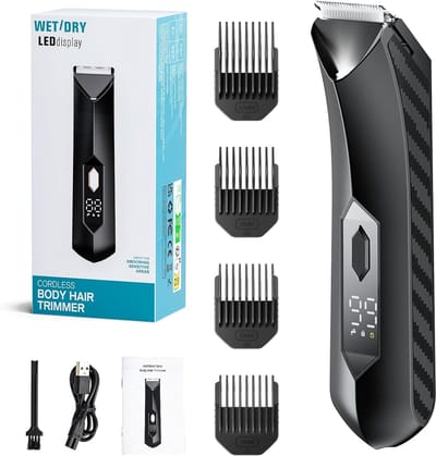 Oplaadbare Lichaamshaar Trimmer voor Mannen - Waterdichte Draadloze Trimmer met 4 Kammen en LED-Licht