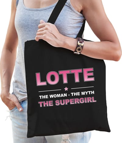 Naam cadeau Tasje voor Lotte - The woman, The myth the supergirl - katoenen - zwart - verjaardag - moederdag - collega - vriendin