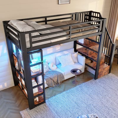Hoogslaper 90 x 200 cm - met LED-verlichting - met open opbergruimte - zonder matras - zwart