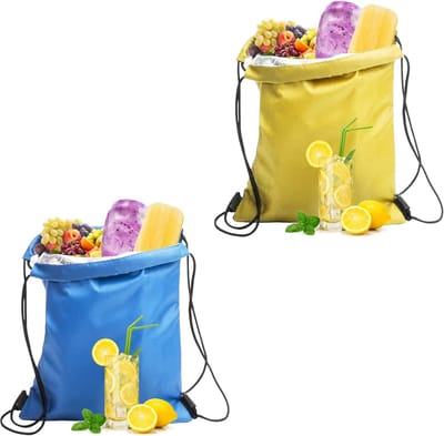 Dailygoods - 2 stuks geïsoleerde lunchtassen met trekkoord, waterdicht, opvouwbaar, aluminium koeltas, koeltas, mini-lunchtas voor werk, school, reizen (hemelsblauw, geel)