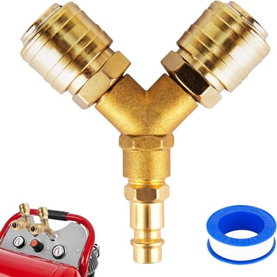 Gecomprimeerde lucht verdeelstuk 2-gang met 2 koppelingen, 1/4 inch snelkoppeling, messing aansluitingen en Y-verdeelstuk met afdichtringen voor luchtcompressor
