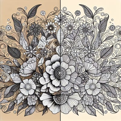 Line art bloemen schilderij | Bloemrijke lijnen dansen in een kunstwerk vol kleurenpracht | Kunst - 40x40 centimeter op Dibond | Foto op Dibond