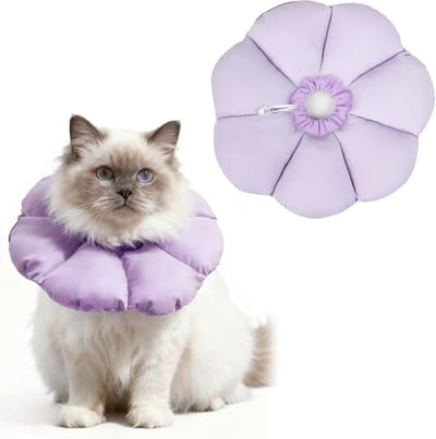 Verstelbare kattenhalsband met zachte bloemen voor katten en kittens, voorkomt likken aan wonden (paars, M)