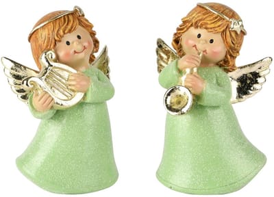 Dekoratief | Engeltje staand m/instrument, groen, resina, 7x5x11cm, set van 2 stuks | A255243