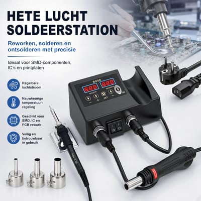 Hete Lucht Rework Station / Soldeerstation / 2-in-1 Desoldeerstation – 3 opzetstukken + standaard – Voor mobiele reparatie, elektronica, SMD, krimpkous, PCB – Professioneel hete luchtpistool + soldeerbout – Handleiding, EU-stekker, papieren doos