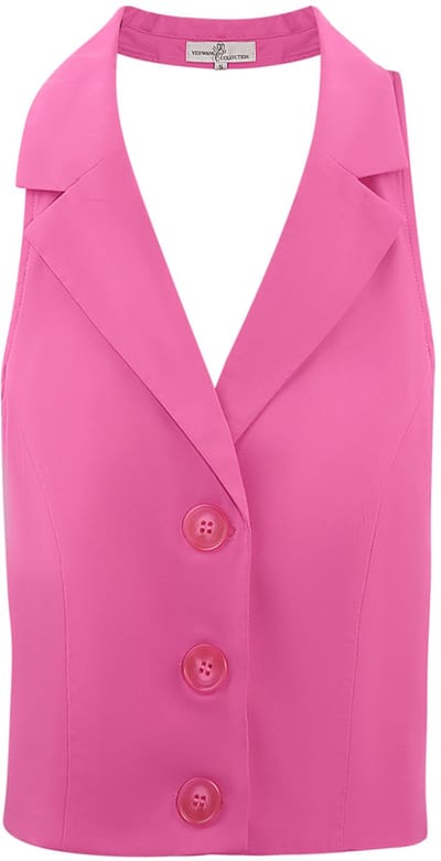 Gepolijste Mouwloze Top met Scherpe Kraag en Knoopsluiting - Fushia - Maat L