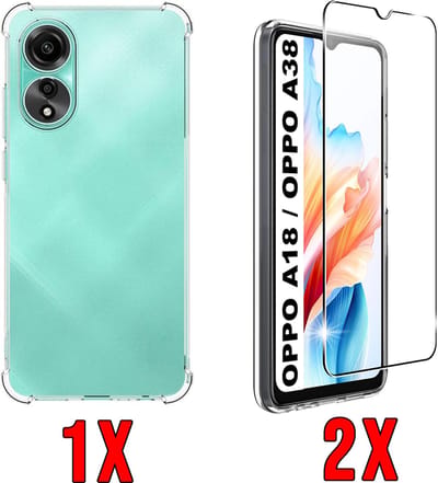 Casemania Hoesje Geschikt voor Oppo A18 & A38 Transparant & 2X Glazen Screenprotector - Anti Shock Hybrid Back Cover