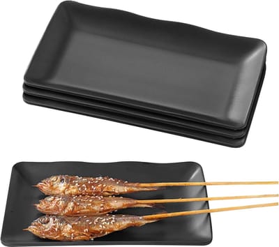 Set van 4 Rectangulaire Melamine Serveerplaten in Mat Zwart, Perfect voor BBQ, Feestjes en Hot Pot, Vaatwasserbestendig en Schokbestendig (20,5 x 12,5 cm)