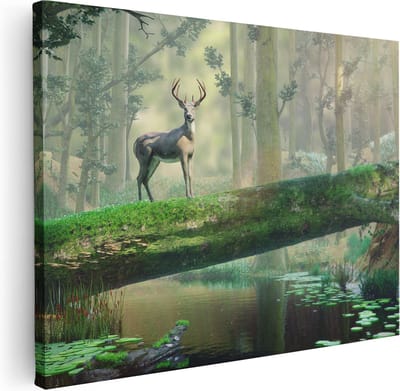 Artaza Canvas Schilderij Hert In Bos - 40x30 cm - Klein - Wanddecoratie Hertenkop - Muurdecoratie Boom - Kamer Accessoires Woonkamer