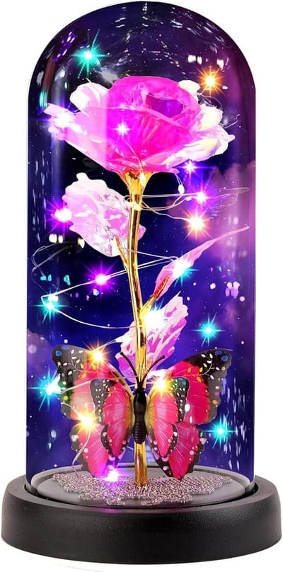 Eeuwige Roos Glazen Stolp met LED-Verlichting Houten Voet Geïnspireerd op Beauty and the Beast Decoratieve Bloemenschenk