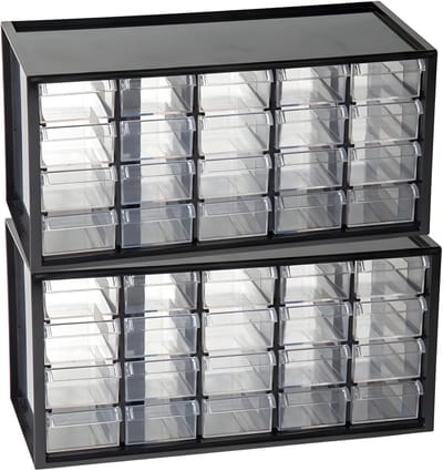 Plasticforte Sorteerbakjes spijkers/schroeven - 2x - 20 lades - 16 x 38 x 20 cm - opbergkastjes - ophangbaar - zwart/transparant