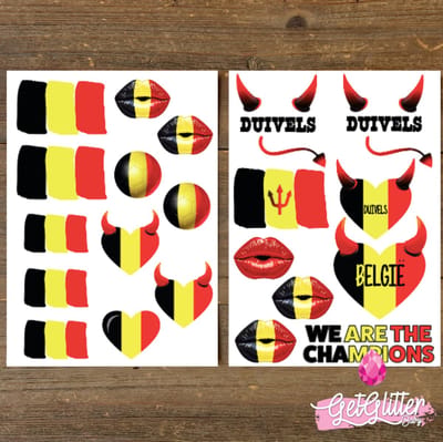 GetGlitterBaby® - Plak Tattoos Voetbal / Tijdelijke Tattoo Sticker / Nep Tatoeage / Gezicht en Lichaam Schmink Versiering - België / Belgische Vlag / Duivels / Devils - 2 stuks