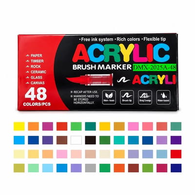 Acrylstiften met vloeibare inkt - 48 kleuren in doos - zachte punt, dekkend en geschikt voor lagen - DIY, doodlen en tekenen - basisverpakking
