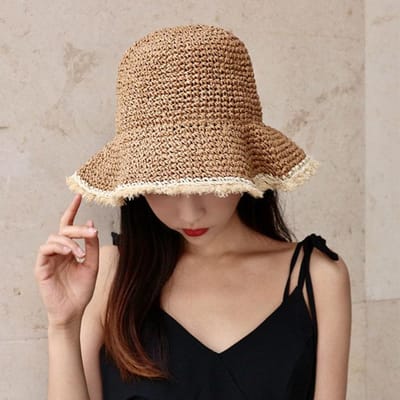 Opvouwbare Breedgerande Floppy Meisjes Strooien Hoed Parel Zonnehoed Strand Dames Zomerhoed UV-Bescherming Reishoed Dames Hoed Vrouwen M（56-58cm） kaki