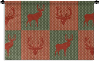 Wandkleed - Wanddoek - Patroon - Hert - Groen - Rood - 90x60 cm - Wandtapijt