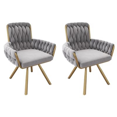 YEHTOKHOME Fluwelen Eetkamerstoelen- Draaistoel met armleuningen - Fauteuil - Make-upstoel - Velvet stoel voor woonkamer, eetkamer, slaapkamer - Gouden metalen poten - 360° graden draaibaar - Set van 2 - Grijs