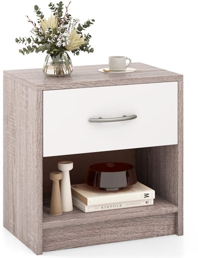 COSTWAY Nachtkastje met lade, kleine bijzettafel met open vak, banktafel, nachtkastje, nachtkastje voor slaapkamer, woonkamer, 38,5 x 28 x 40,5 cm (lichtgrijs + wit)