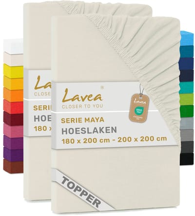 Lavea® Set van 2 Hoeslakens voor Topper 180x200 cm – 100% Katoen Jersey – voor Topmatras tot 10 cm – met Elastiek rondom – Crème