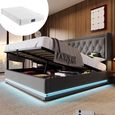 DESMIU Gestoffeerd Bed 140x200 cm – USB En USB-C In Hoofdbord – Hydraulische Opbergruimte En Driezijdige Ledverlichting – Met Matras – Grijs