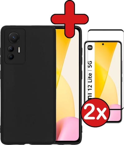 Hoesje - Met 2x Screenprotector - Geschikt voor Xiaomi 12 Lite - Sterk & Shockproof - Telefoon Hoes - Back Cover - Siliconen Case - Telefoonhoes - Zwart
