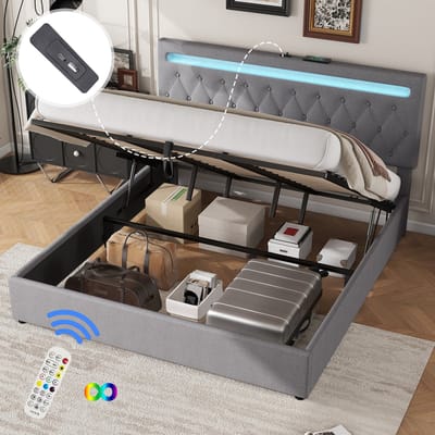DESMIU Gestoffeerd Bed 180x200cm Zonder Matras Opklapbed Met Hydraulisch Hefmechanisme En Onderbed Opbergruimte Voor Slaapkamer Linnen Grijs