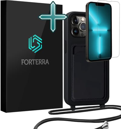 Hoesje Geschikt voor iPhone 13 Pro Pashouder Case Siliconen Hoes Met Koord Met Screenprotector - Hoes Geschikt voor iPhone 13 Pro Met Telefoonkoord Hoesje Back Cover Met Pasjeshouder - Zwart