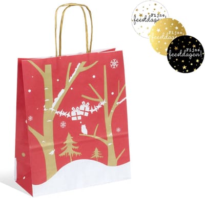 25 kleine papieren cadeautasjes 18x8x22 cm " Red Christmas" + stickers « Fijne feestdagen » Kersttassen met handvat Kersttasje Kerst verpakking draagtassen