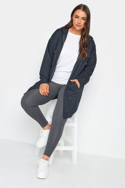 Yours Lange Hoodie Met Rits & Zakken In Donkerblauw Size 42