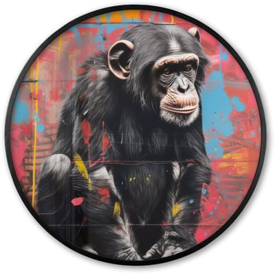 Poster in lijst Rond - Fotolijst 60x60 cm - Posters - Graffiti - Chimpansee - Aap - Dieren - Street art - Ronde posterlijst zwart - Decoratie - Wanddecoratie woonkamer - Muurdecoratie slaapkamer