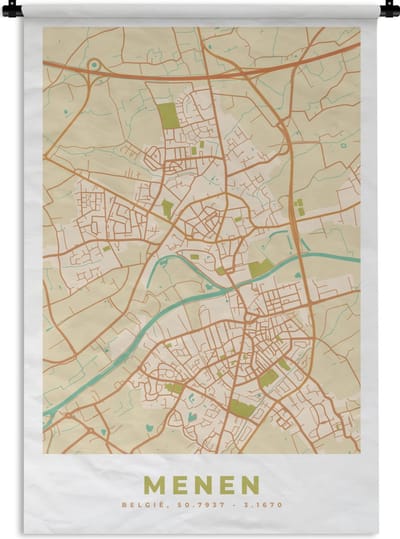 Wandkleed - Wanddoek - Vintage - Menen - Kaart - Stadskaart - Plattegrond - 120x180 cm - Wandtapijt