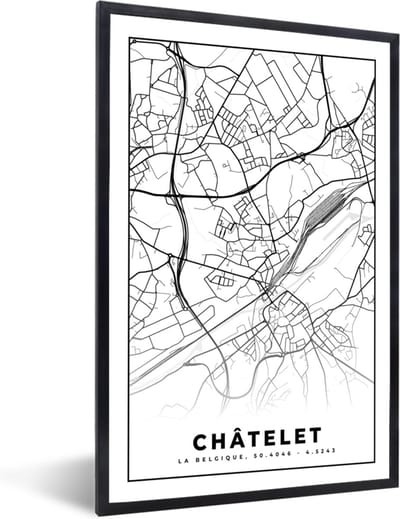 Fotolijst incl. Poster Zwart Wit- Zwart Wit – België – Plattegrond – Stadskaart – Kaart – Châtelet - 40x60 cm - Posterlijst