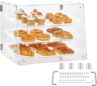 Gebakvitrine, 3-Laags Commercieel Werkblad. Acrylbox met Achterdeur En Verwijderbare Planken. Houdt Vers. voor Donuts, Bagels, Taarten, Koekjes. 20,7“X14,2”X16,3”