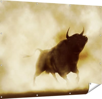 Gards Tuinposter Zwarte Stier in het Stoffige Rook - 150x120 cm - Tuindoek - Tuindecoratie - Wanddecoratie buiten - Tuinschilderij