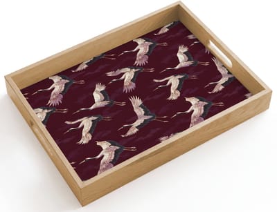 Dienblad hout 40x30 cm - Schootdienblad - Kraanvogels - Klassiek - Bordeaux - Borrelplank rechthoek - Plateau dienbladen